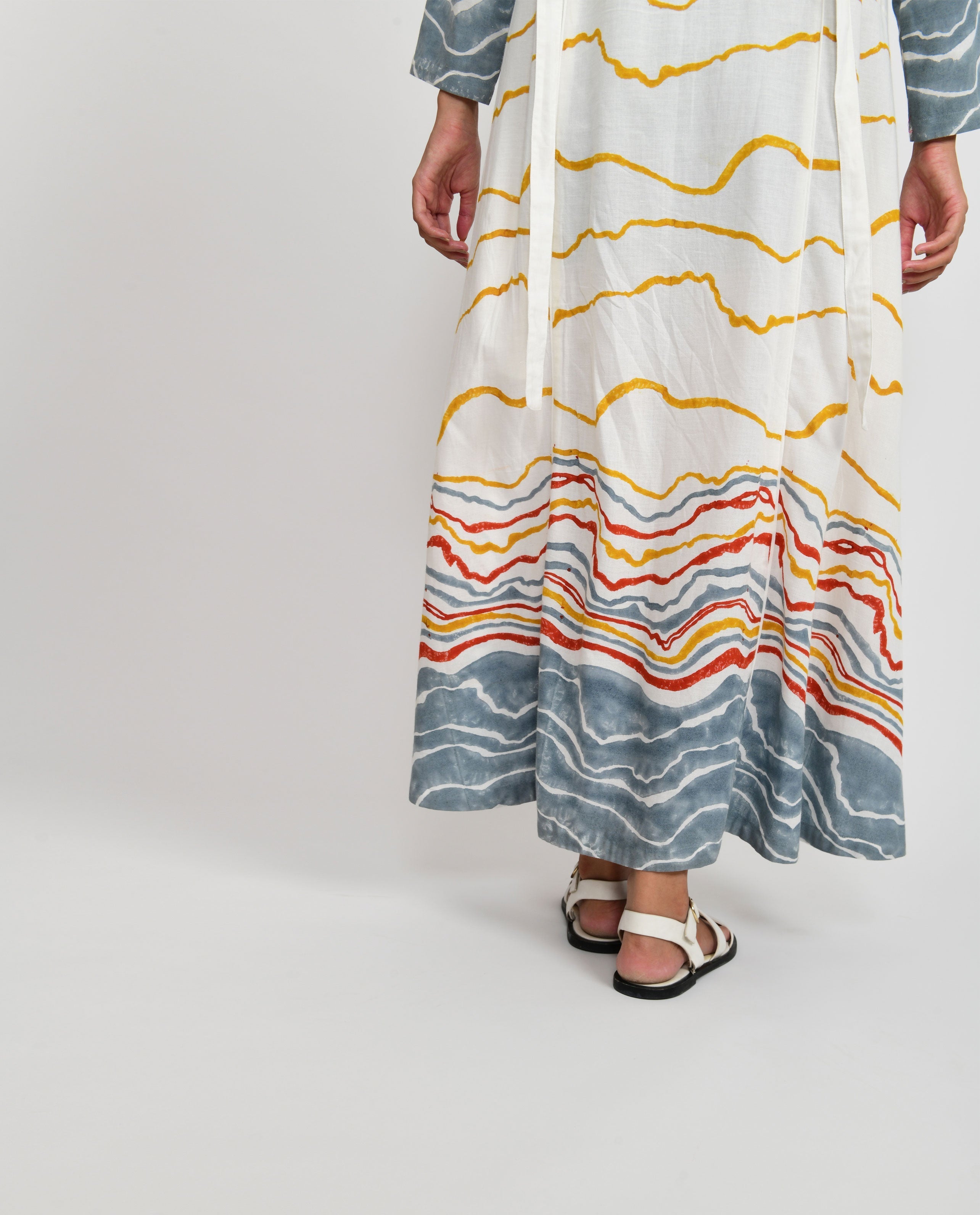 White Tie Up Dress at Kamakhyaa by Rias Jaipur. This item is Azo Free Dye, Bamboo, Block Prints, Casual Wear, Cotton, Midi Dresses, Parat, Regular Fit, White, Womenswear