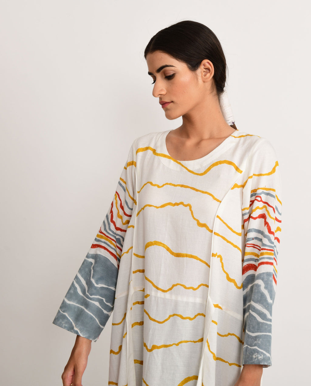 White Tie Up Dress at Kamakhyaa by Rias Jaipur. This item is Azo Free Dye, Bamboo, Block Prints, Casual Wear, Cotton, Midi Dresses, Parat, Regular Fit, White, Womenswear