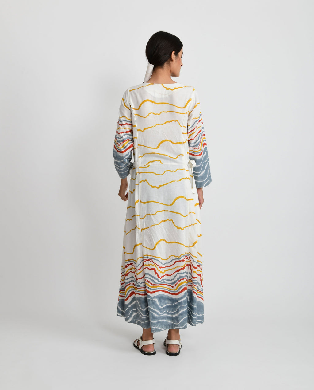 White Tie Up Dress at Kamakhyaa by Rias Jaipur. This item is Azo Free Dye, Bamboo, Block Prints, Casual Wear, Cotton, Midi Dresses, Parat, Regular Fit, White, Womenswear