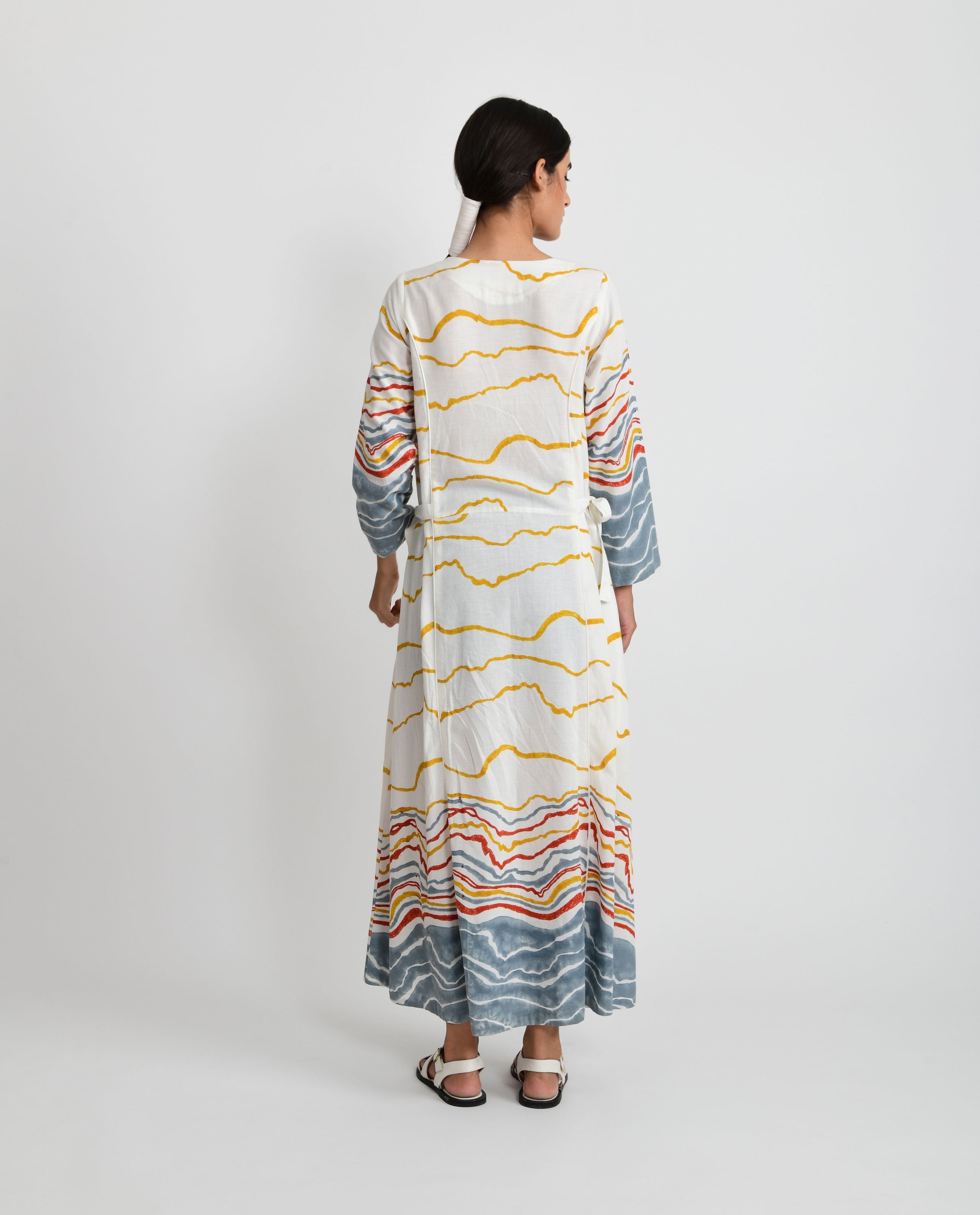 White Tie Up Dress at Kamakhyaa by Rias Jaipur. This item is Azo Free Dye, Bamboo, Block Prints, Casual Wear, Cotton, Midi Dresses, Parat, Regular Fit, White, Womenswear