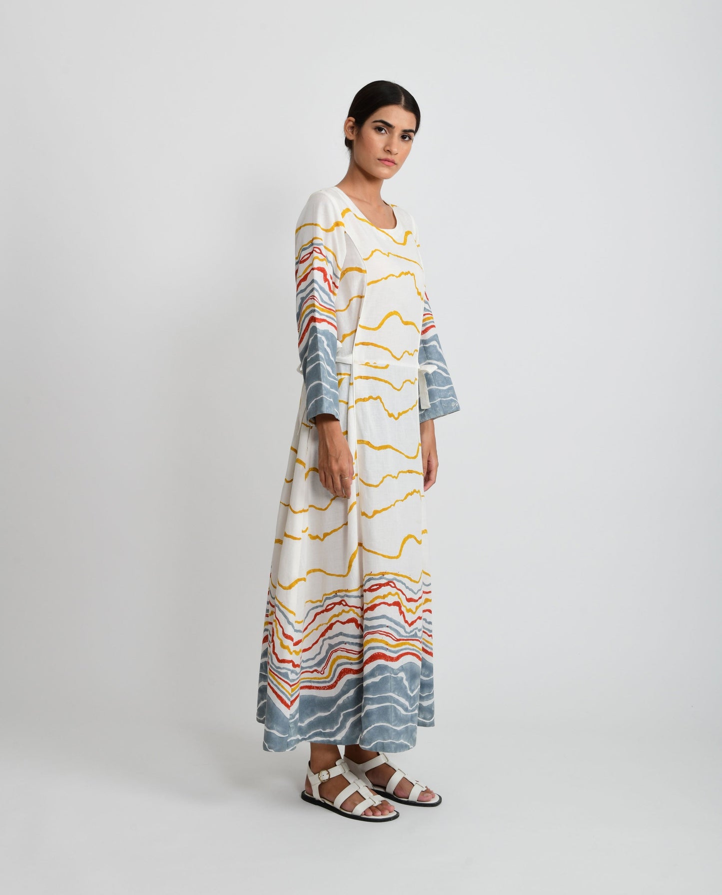 White Tie Up Dress at Kamakhyaa by Rias Jaipur. This item is Azo Free Dye, Bamboo, Block Prints, Casual Wear, Cotton, Midi Dresses, Parat, Regular Fit, White, Womenswear