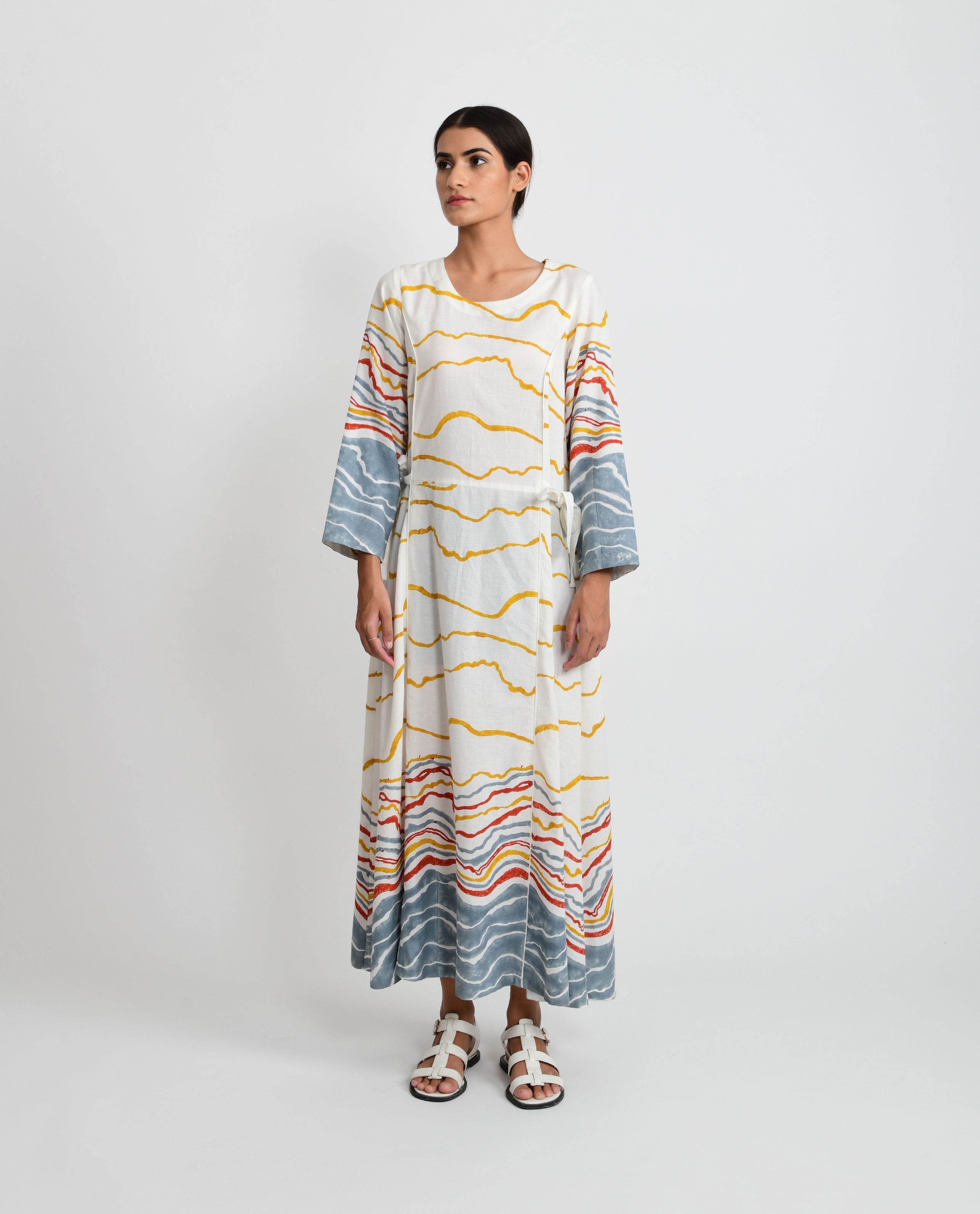 White Tie Up Dress at Kamakhyaa by Rias Jaipur. This item is Azo Free Dye, Bamboo, Block Prints, Casual Wear, Cotton, Midi Dresses, Parat, Regular Fit, White, Womenswear