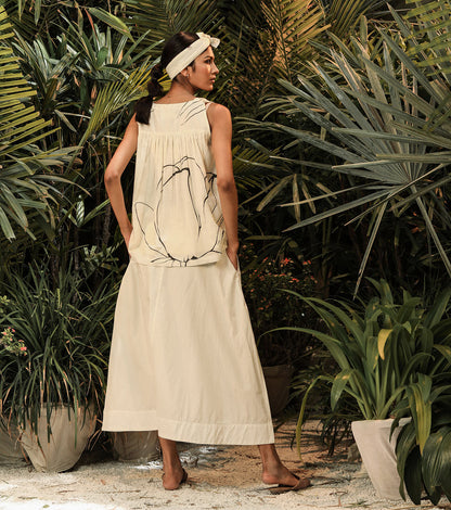 White Two Piece Set at Kamakhyaa by Khara Kapas. This item is Co-ord Sets, Lost In paradise, Mul Cotton, Poplin, Relaxed Fit, Resort Wear, Skirt Sets, Solids, Vacation, Vacation Co-ords, White, Womenswear