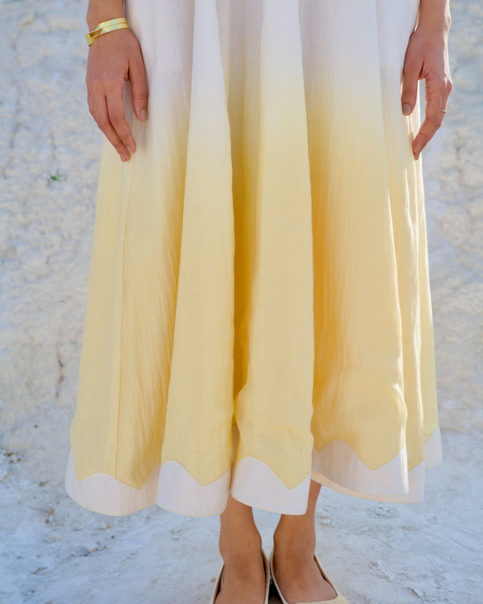 White Yellow Midi Dress at Kamakhyaa by The Loom Art. This item is Aurora SS24, Casual Wear, Chanderi Silk, July Sale, July Sale 2023, Midi Dresses, Ombre & Dyes, Organic, Regular Fit, Sleeveless Dresses, White, Womenswear