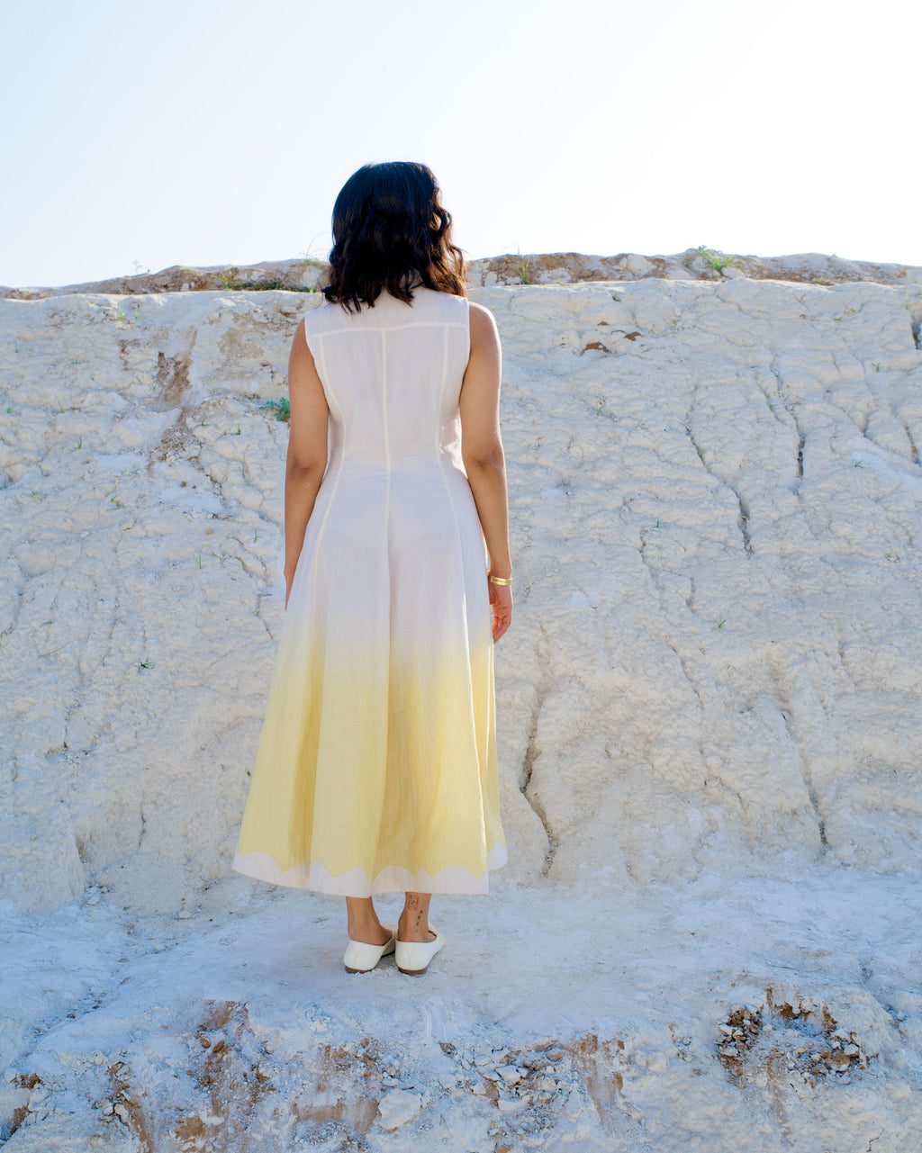 White Yellow Midi Dress at Kamakhyaa by The Loom Art. This item is Aurora SS24, Casual Wear, Chanderi Silk, July Sale, July Sale 2023, Midi Dresses, Ombre & Dyes, Organic, Regular Fit, Sleeveless Dresses, White, Womenswear