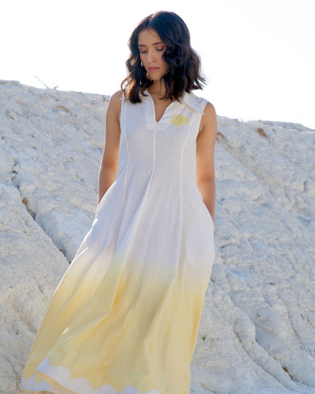 White Yellow Midi Dress at Kamakhyaa by The Loom Art. This item is Aurora SS24, Casual Wear, Chanderi Silk, July Sale, July Sale 2023, Midi Dresses, Ombre & Dyes, Organic, Regular Fit, Sleeveless Dresses, White, Womenswear