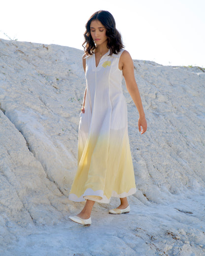 White Yellow Midi Dress at Kamakhyaa by The Loom Art. This item is Aurora SS24, Casual Wear, Chanderi Silk, July Sale, July Sale 2023, Midi Dresses, Ombre & Dyes, Organic, Regular Fit, Sleeveless Dresses, White, Womenswear