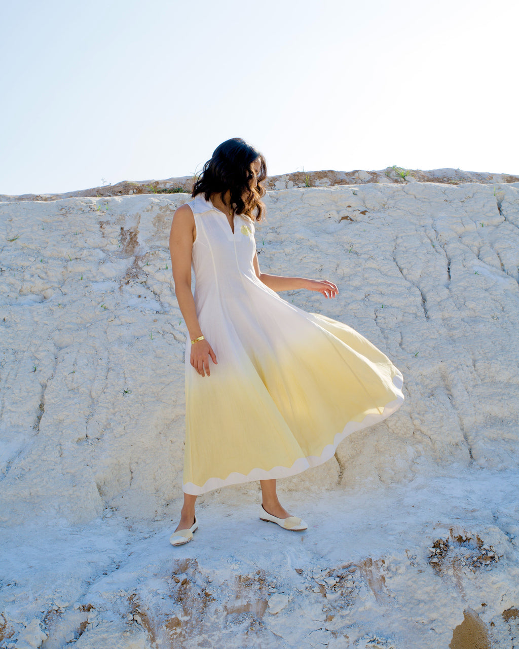 White Yellow Midi Dress at Kamakhyaa by The Loom Art. This item is Aurora SS24, Casual Wear, Chanderi Silk, July Sale, July Sale 2023, Midi Dresses, Ombre & Dyes, Organic, Regular Fit, Sleeveless Dresses, White, Womenswear