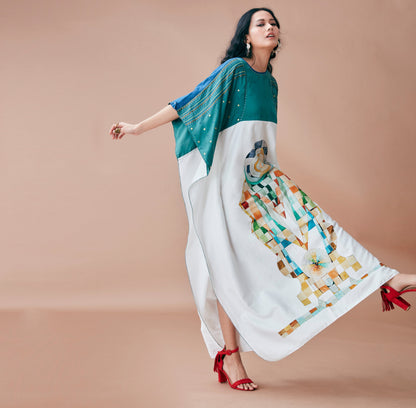 White cotton kaftan at Kamakhyaa by Dan Ba. This item is Cotton, Green, July Sale, July Sale 2023, Kaftans, Maxi Dresses, Natural, Prints, Relaxed Fit, Resort Wear, White, Womenswear