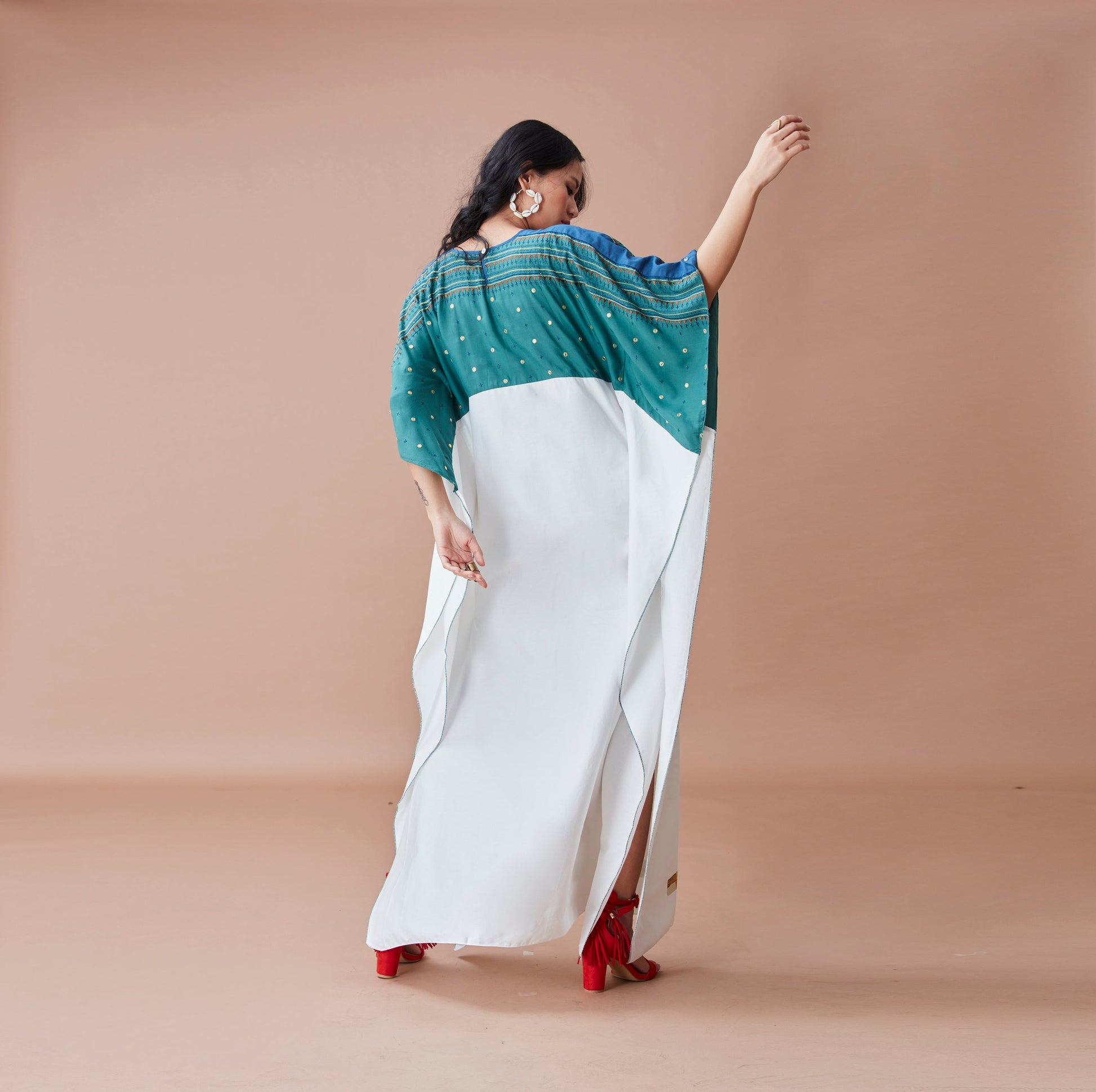 White cotton kaftan at Kamakhyaa by Dan Ba. This item is Cotton, Green, July Sale, July Sale 2023, Kaftans, Maxi Dresses, Natural, Prints, Relaxed Fit, Resort Wear, White, Womenswear