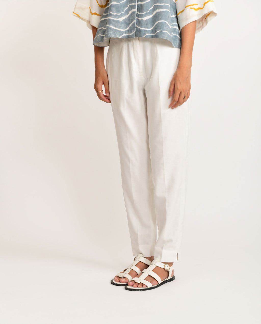 WhiteStraight Sand Pant at Kamakhyaa by Rias Jaipur. This item is Azo Free Dye, Bamboo, Block Prints, Casual Wear, Cotton, Pants, Parat, Regular Fit, White, Womenswear