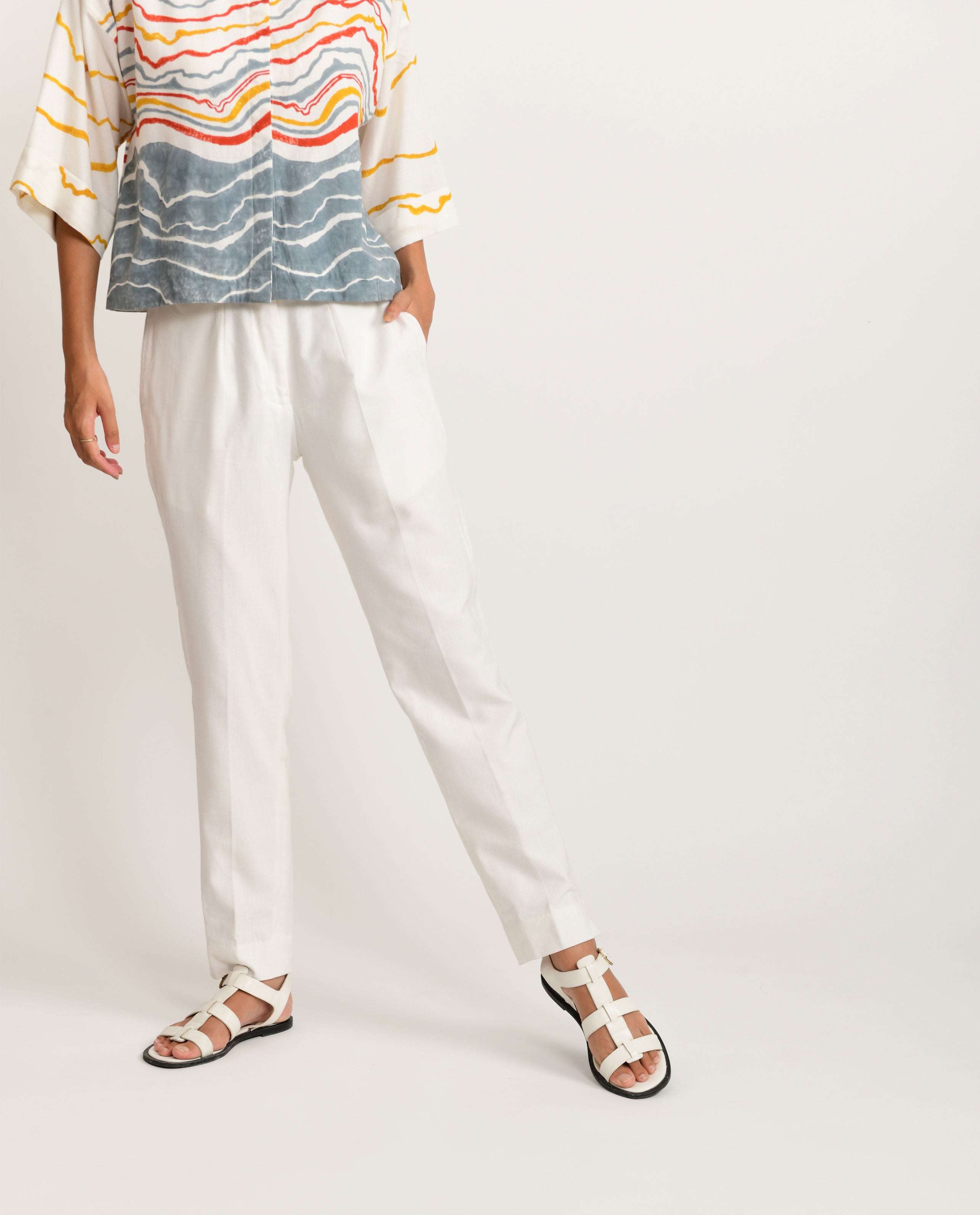 WhiteStraight Sand Pant at Kamakhyaa by Rias Jaipur. This item is Azo Free Dye, Bamboo, Block Prints, Casual Wear, Cotton, Pants, Parat, Regular Fit, White, Womenswear