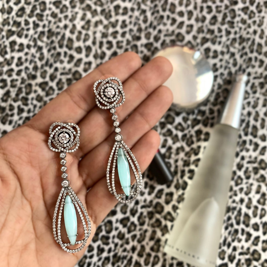 Wild Rose Danglers Blue, Brass, Earrings, Evening Wear, Free Size, Gold Plated, Re-polishable, Solids Kamakhyaa