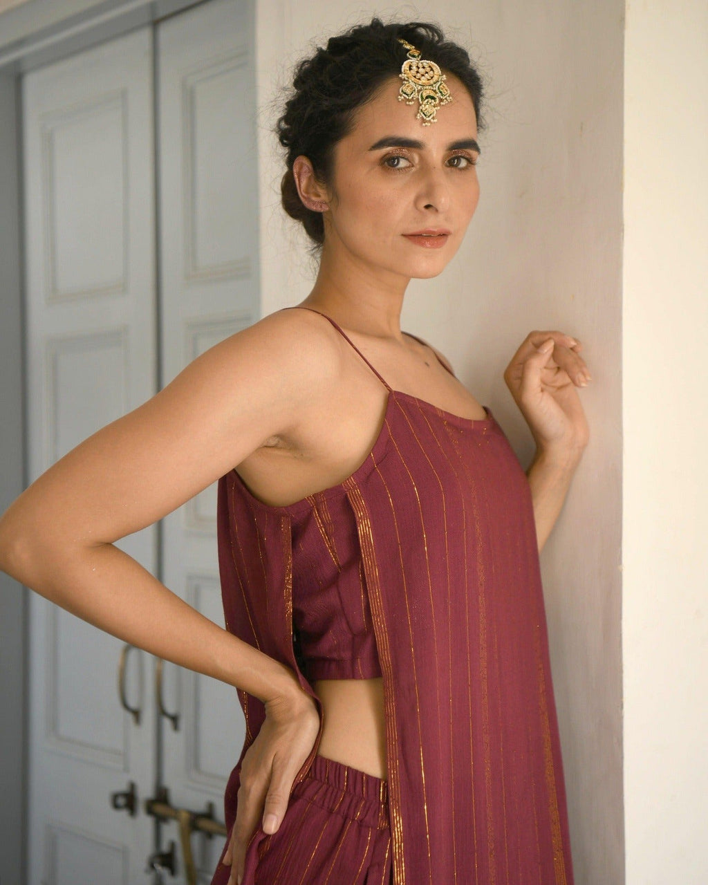 Wine Chanderi Silk Kurta Set With Zari at Kamakhyaa by Taro. This item is Co-ord Sets, Evening Wear, Handwoven Chanderi, July Sale, July Sale 2023, Natural, party, Party Wear Co-ords, Purple, Sitara Taro, Textured, Womenswear