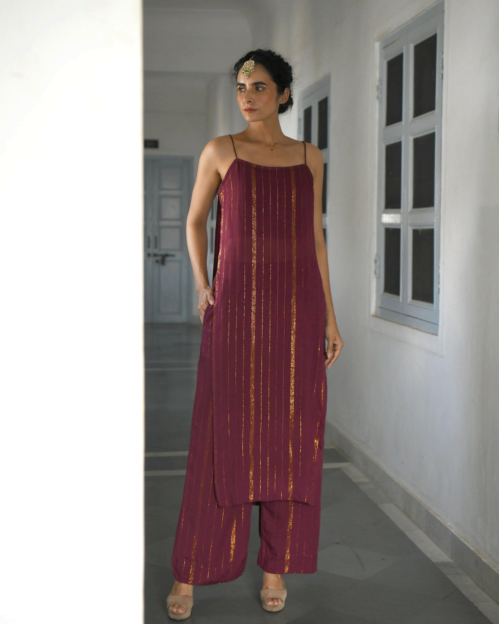 Wine Chanderi Silk Kurta Set With Zari at Kamakhyaa by Taro. This item is Co-ord Sets, Evening Wear, Handwoven Chanderi, July Sale, July Sale 2023, Natural, party, Party Wear Co-ords, Purple, Sitara Taro, Textured, Womenswear