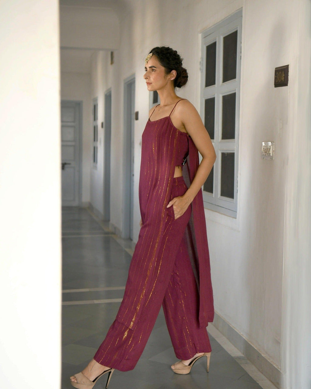 Wine Chanderi Silk Kurta Set With Zari at Kamakhyaa by Taro. This item is Co-ord Sets, Evening Wear, Handwoven Chanderi, July Sale, July Sale 2023, Natural, party, Party Wear Co-ords, Purple, Sitara Taro, Textured, Womenswear