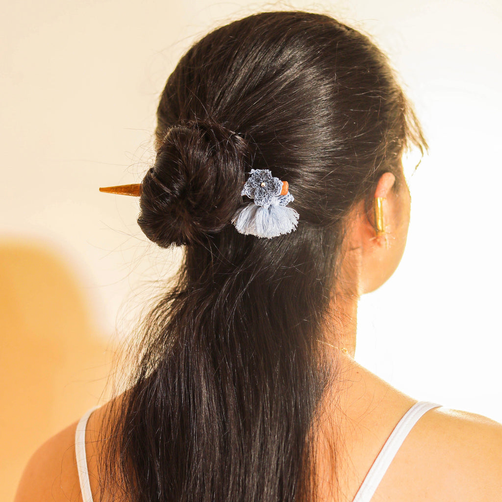 Wooden Hair Stick Blue And Red at Kamakhyaa by Ikriit'm. This item is Accessories, Blue, Cotton Yarn, Hair Accessory, Ikriit'm, Red, Wood