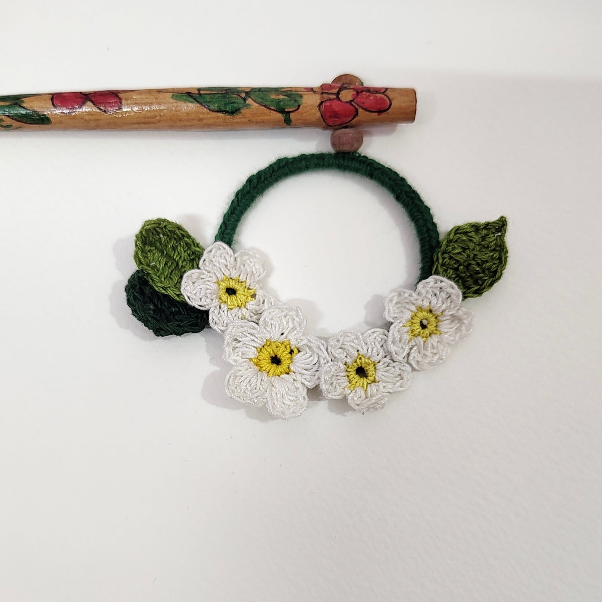 Wooden Hair Stick Daisy Off White And Green at Kamakhyaa by Ikriit'm. This item is Accessories, Cotton Yarn, Green, Hair Accessory, Ikriit'm, Off White, Wood
