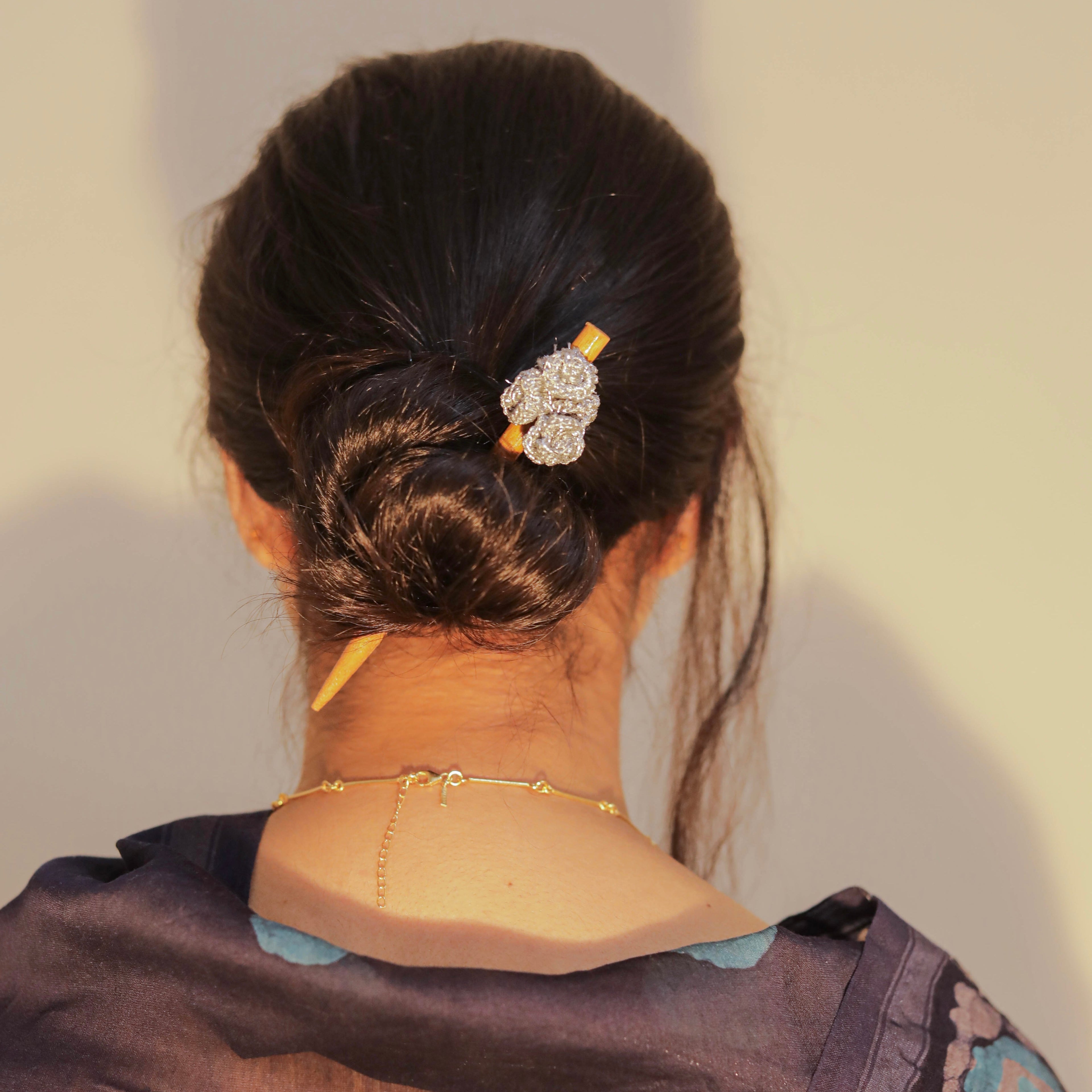 Wooden Hair Stick Golden And Silver at Kamakhyaa by Ikriit'm. This item is Accessories, Cotton Yarn, Golden, Hair Accessory, Ikriit'm, Silver, Wood