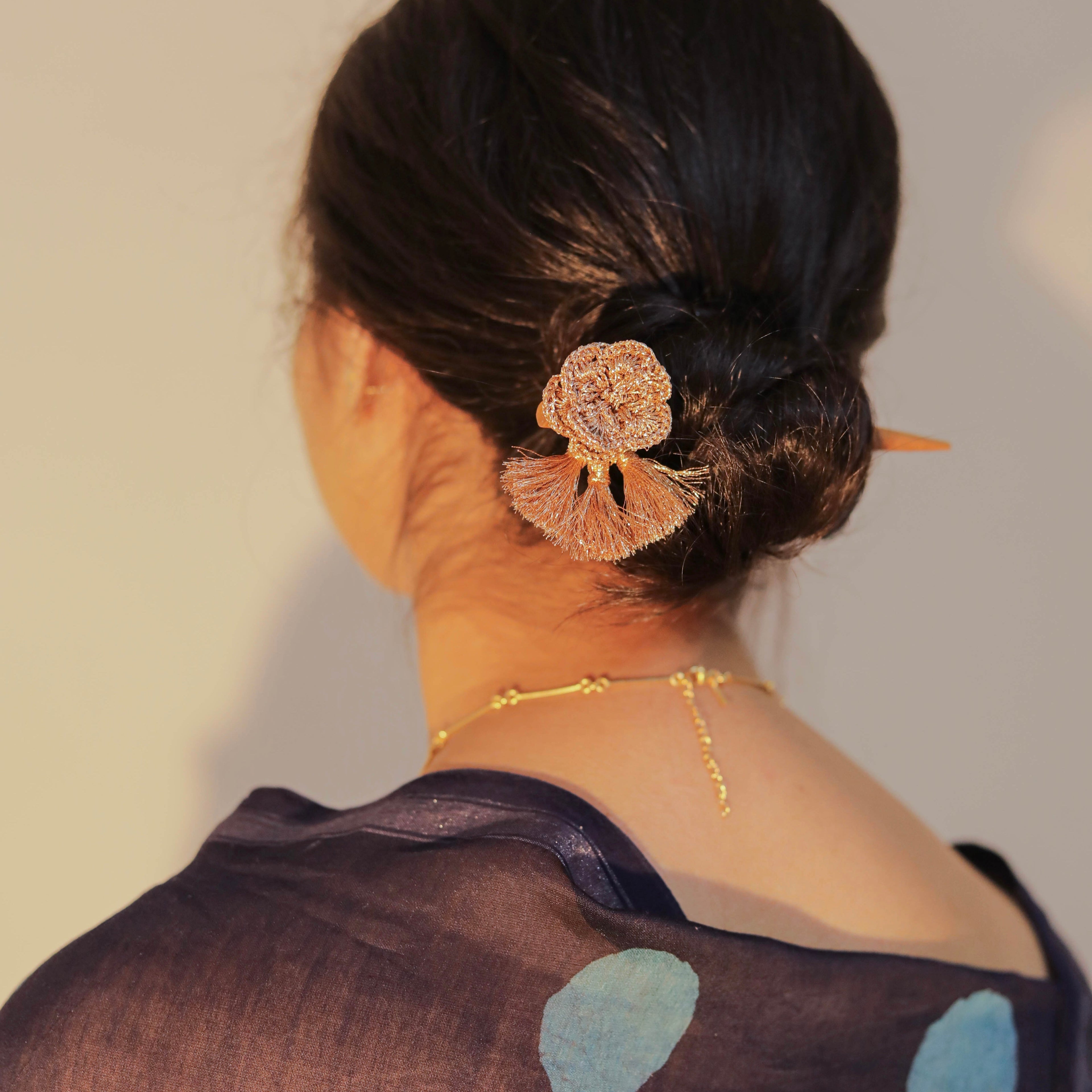 Wooden Hair Stick Golden at Kamakhyaa by Ikriit'm. This item is Accessories, Cotton Yarn, Golden, Hair Accessory, Ikriit'm, Wood