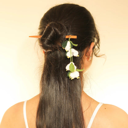 Wooden Hair Stick Mogra Off White And Green at Kamakhyaa by Ikriit'm. This item is Accessories, Cotton Yarn, Green, Hair Accessory, Ikriit'm, Off White, Wood