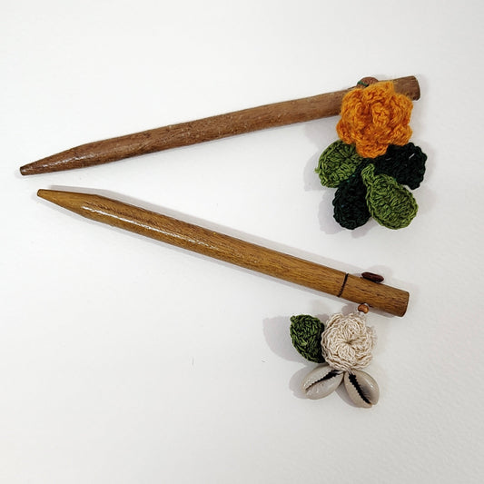 Wooden Hair Stick Orange And Off White at Kamakhyaa by Ikriit'm. This item is Accessories, Cotton Yarn, Hair Accessory, Ikriit'm, Off White, Orange, Wood
