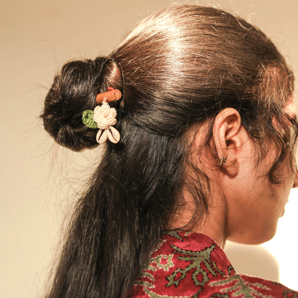 Wooden Hair Stick Orange And Off White at Kamakhyaa by Ikriit'm. This item is Accessories, Cotton Yarn, Hair Accessory, Ikriit'm, Off White, Orange, Wood