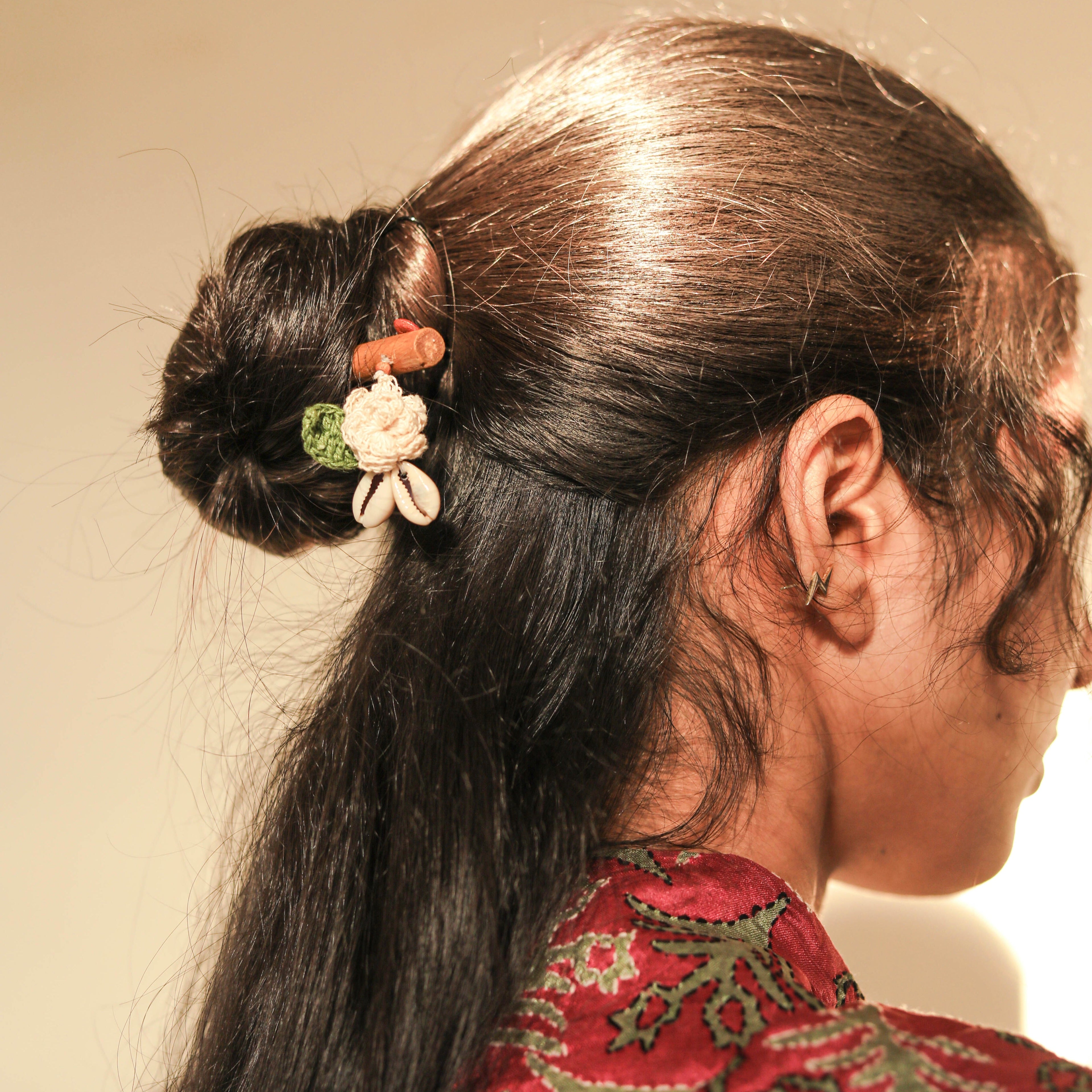 Wooden Hair Stick Orange And Off White at Kamakhyaa by Ikriit'm. This item is Accessories, Cotton Yarn, Hair Accessory, Ikriit'm, Off White, Orange, Wood