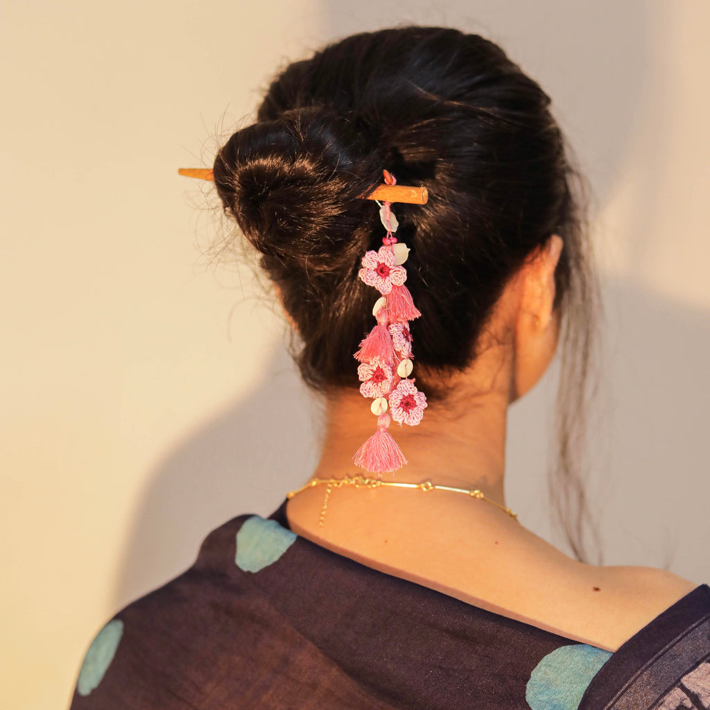 Wooden Hair Stick Pink at Kamakhyaa by Ikriit'm. This item is Accessories, Cotton Yarn, Hair Accessory, Ikriit'm, Pink, Wood