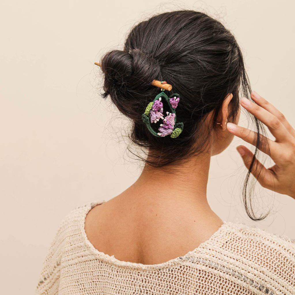 Wooden Hair Stick Purple And Green at Kamakhyaa by Ikriit'm. This item is Accessories, Cotton Yarn, Green, Hair Accessory, Ikriit'm, Purple, Wood