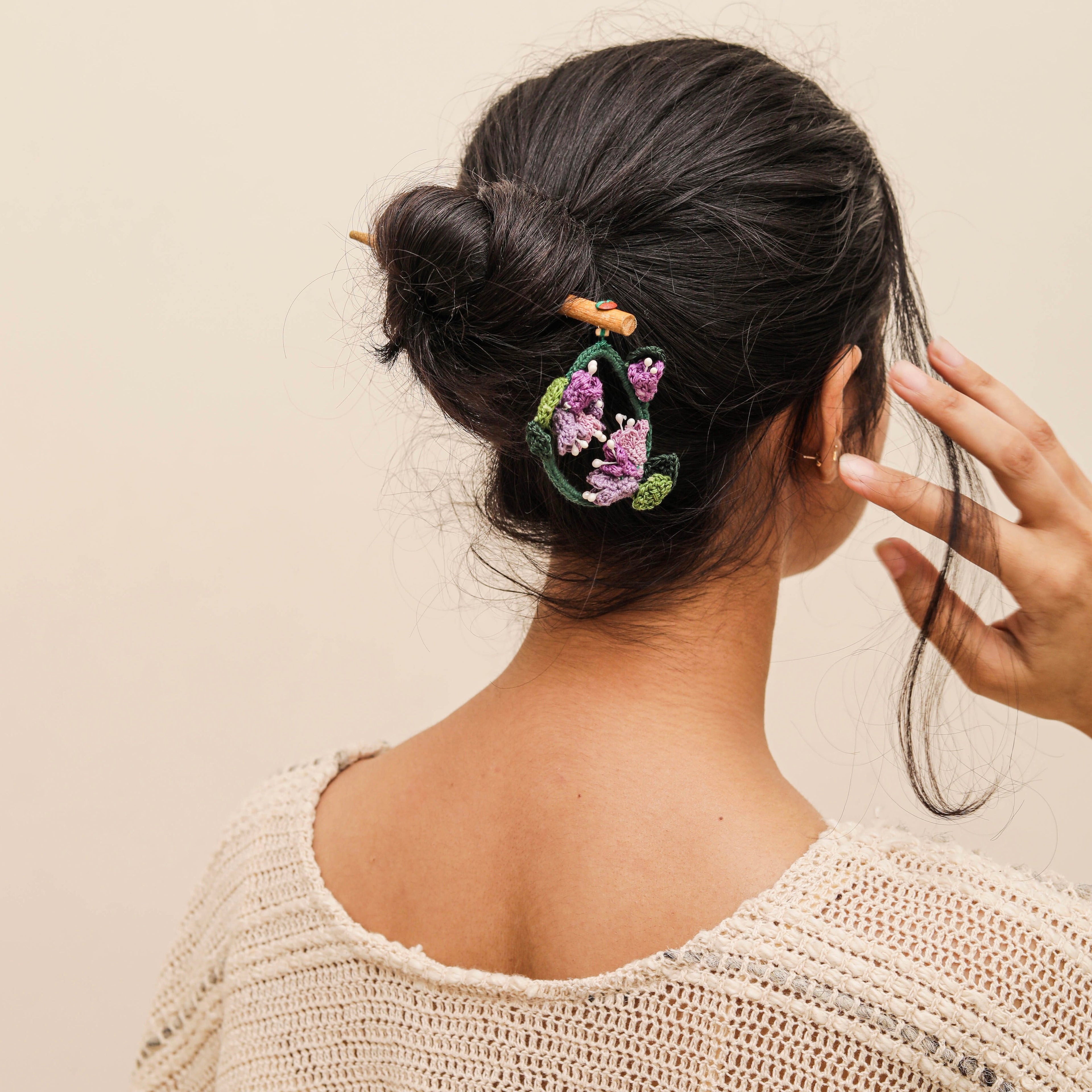 Wooden Hair Stick Purple And Green at Kamakhyaa by Ikriit'm. This item is Accessories, Cotton Yarn, Green, Hair Accessory, Ikriit'm, Purple, Wood