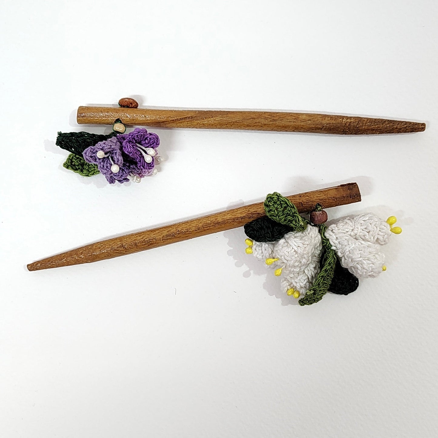 Wooden Hair Stick Purple And Off White at Kamakhyaa by Ikriit'm. This item is Accessories, Cotton Yarn, Hair Accessory, Ikriit'm, Off White, Purple, Wood