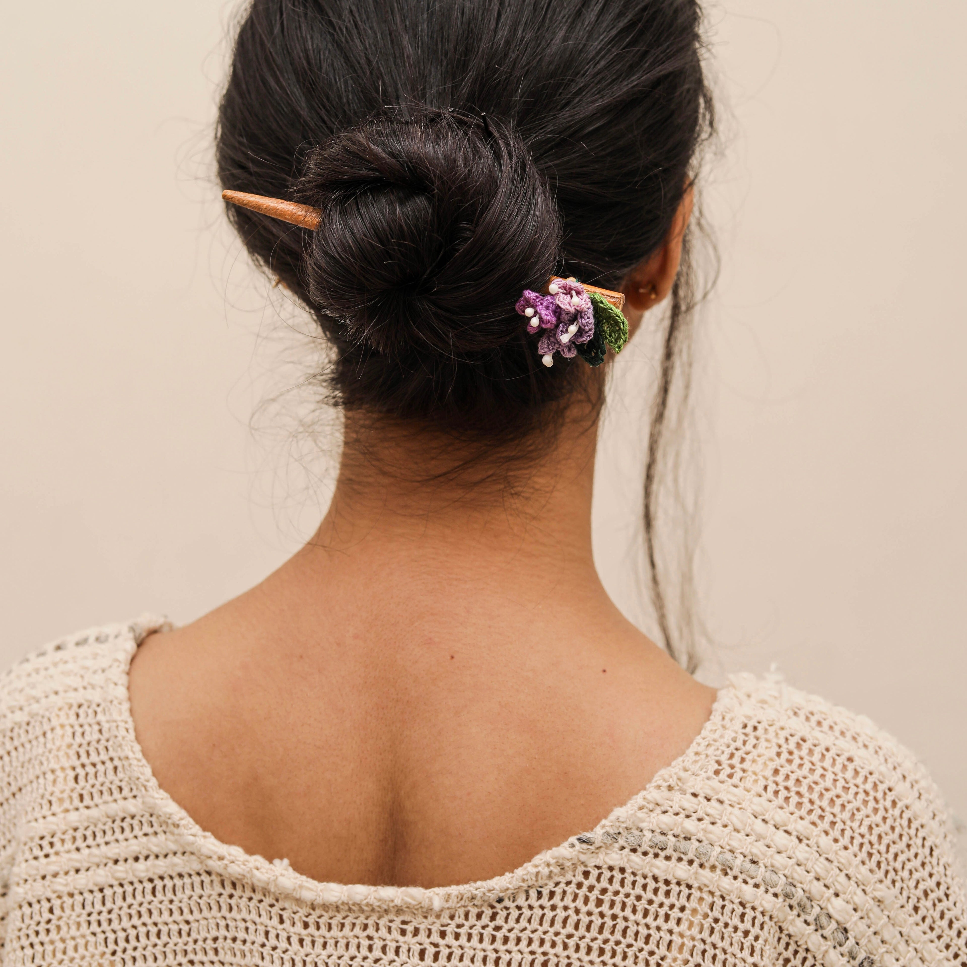 Wooden Hair Stick Purple And Off White at Kamakhyaa by Ikriit'm. This item is Accessories, Cotton Yarn, Hair Accessory, Ikriit'm, Off White, Purple, Wood