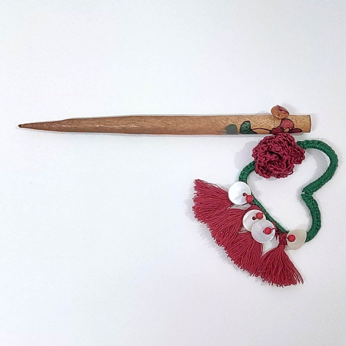 Wooden Hair Stick Rosy Red And Green at Kamakhyaa by Ikriit'm. This item is Accessories, Cotton Yarn, Green, Hair Accessory, Ikriit'm, Red, Wood