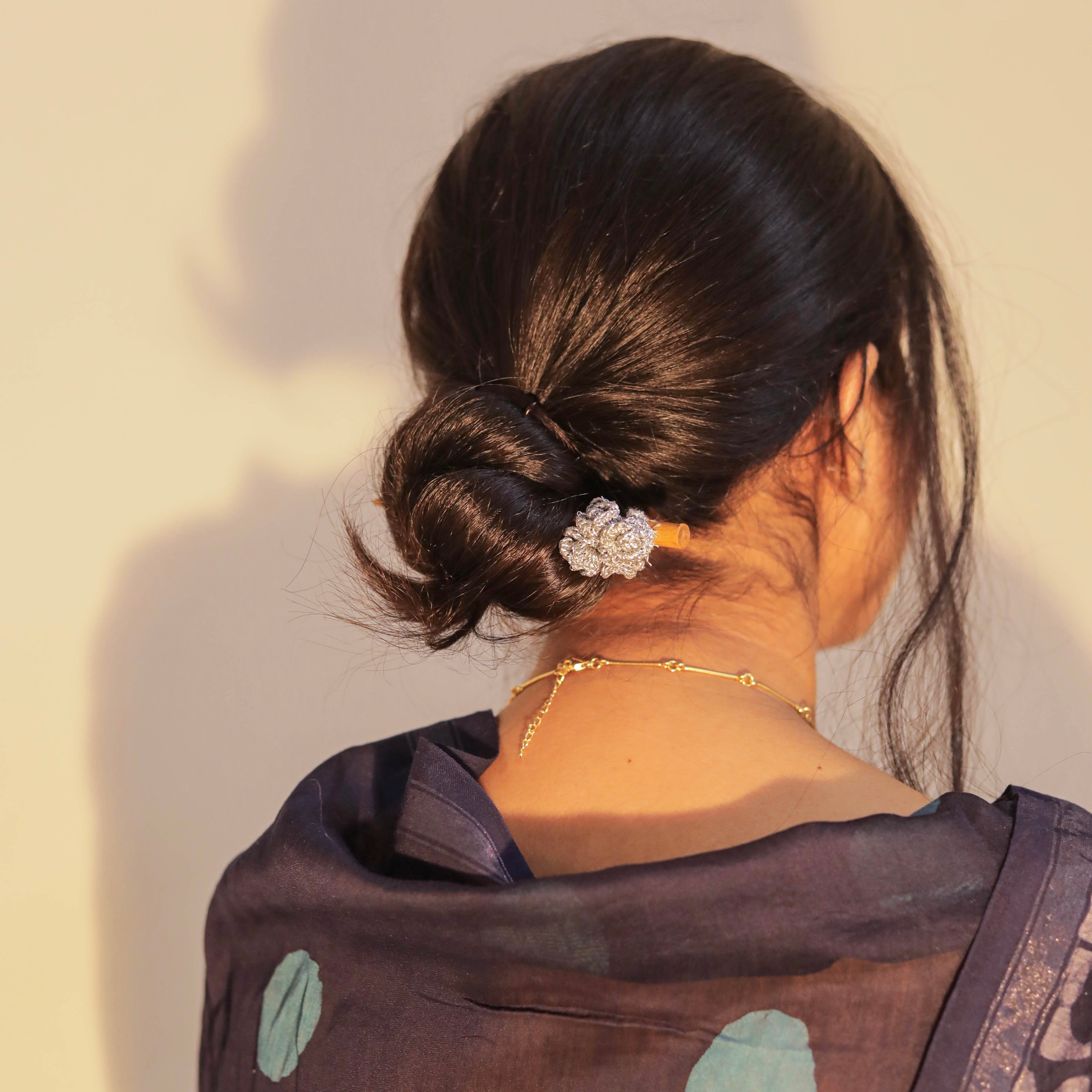 Wooden Hair Stick Silver at Kamakhyaa by Ikriit'm. This item is Accessories, Cotton Yarn, Hair Accessory, Ikriit'm, Silver, Wood