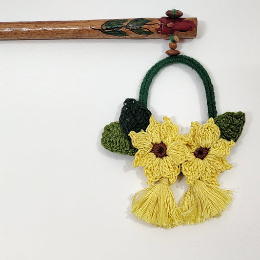 Wooden Hair Stick Sunflower Yellow And Green at Kamakhyaa by Ikriit'm. This item is Accessories, Cotton Yarn, Green, Hair Accessory, Ikriit'm, Wood, Yellow