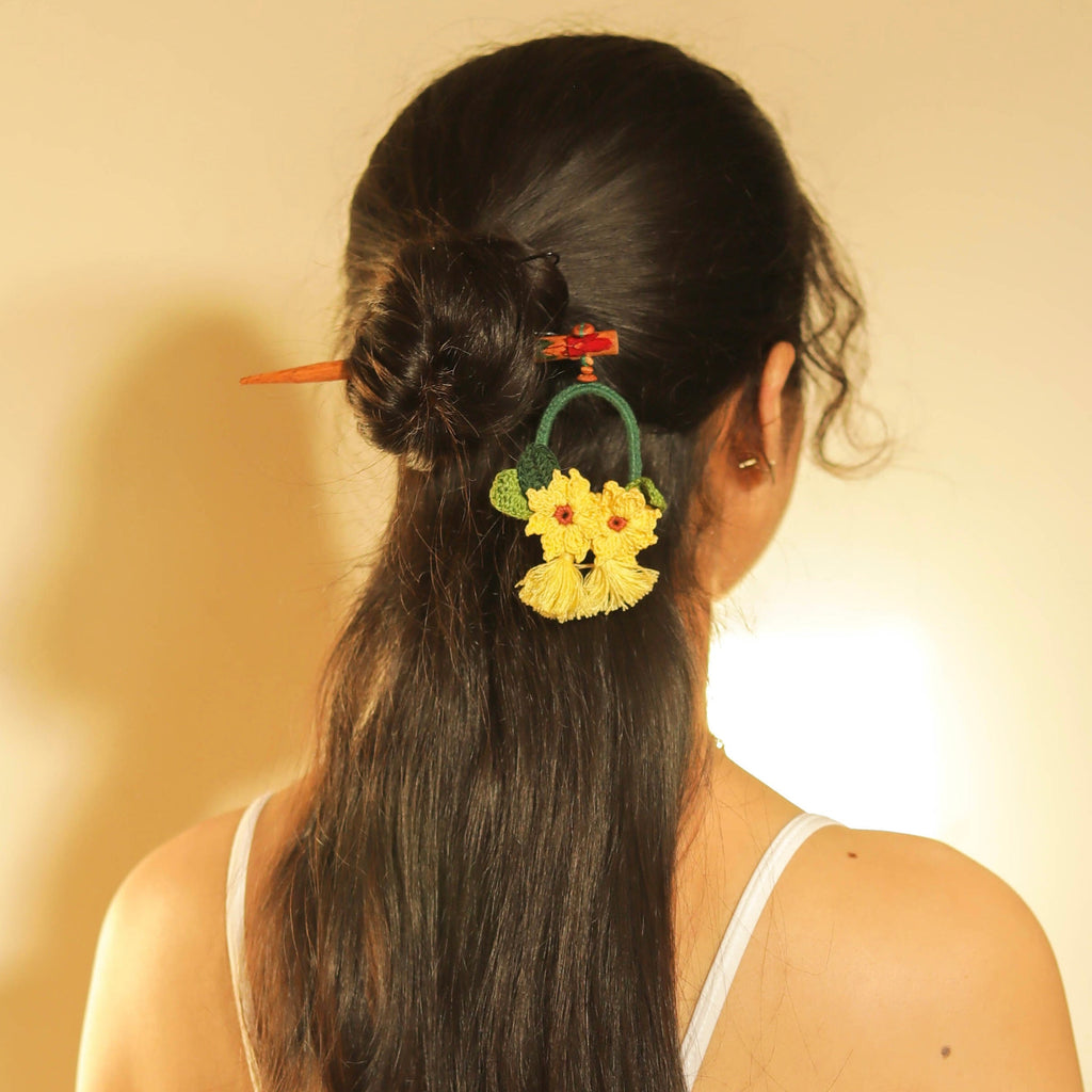 Wooden Hair Stick Sunflower Yellow And Green at Kamakhyaa by Ikriit'm. This item is Accessories, Cotton Yarn, Green, Hair Accessory, Ikriit'm, Wood, Yellow