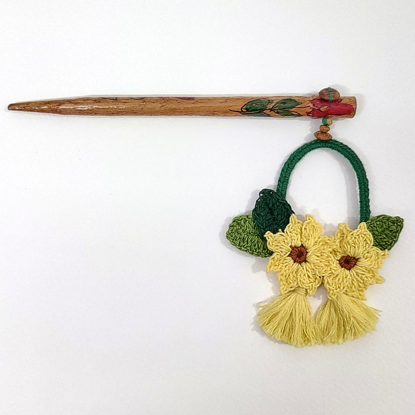 Wooden Hair Stick Sunflower Yellow And Green at Kamakhyaa by Ikriit'm. This item is Accessories, Cotton Yarn, Green, Hair Accessory, Ikriit'm, Wood, Yellow