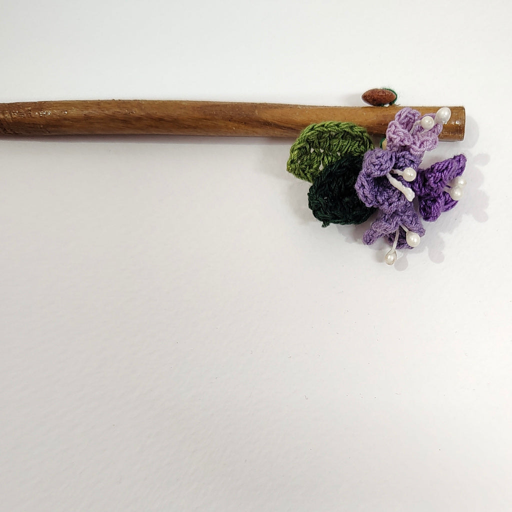 Wooden Hair Stick Tulip Purple And Green at Kamakhyaa by Ikriit'm. This item is Accessories, Cotton Yarn, Green, Hair Accessory, Ikriit'm, Purple, Wood