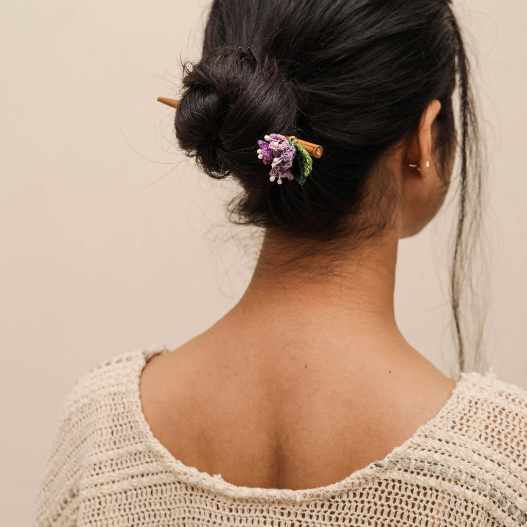 Wooden Hair Stick Tulip Purple And Green at Kamakhyaa by Ikriit'm. This item is Accessories, Cotton Yarn, Green, Hair Accessory, Ikriit'm, Purple, Wood