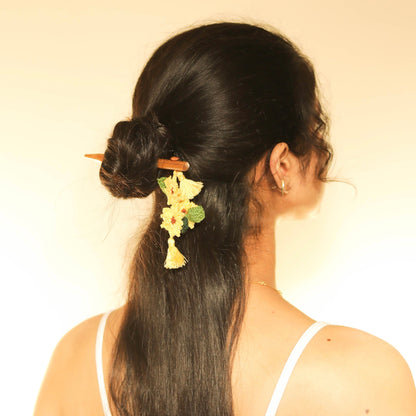 Wooden Hair Stick Yellow And Green at Kamakhyaa by Ikriit'm. This item is Accessories, Cotton Yarn, Green, Hair Accessory, Ikriit'm, Wood, Yellow