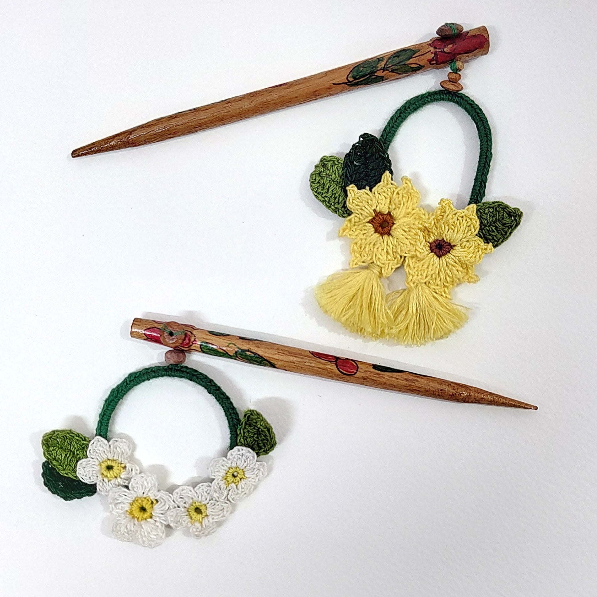 Wooden Hair Stick Yellow And Off White at Kamakhyaa by Ikriit'm. This item is Accessories, Cotton Yarn, Hair Accessory, Ikriit'm, Off White, Wood, Yellow