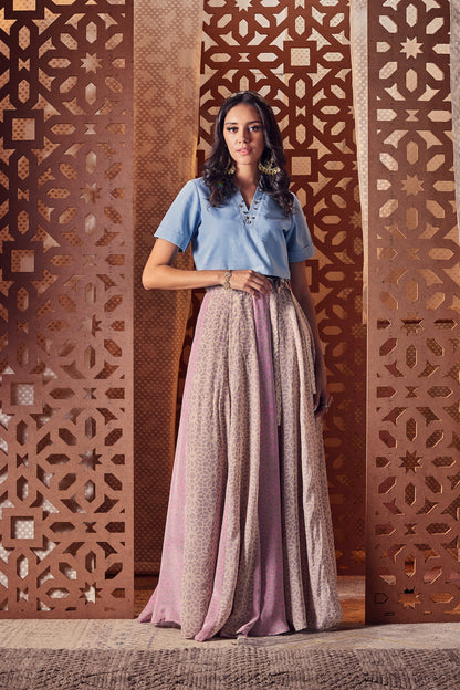 Wrap Around Skirt with Crop Top - Set of 2 at Kamakhyaa by Charkhee. This item is Co-ord Sets, Cotton, Crepe, Denim, Embroidered, Ethnic Wear, For Anniversary, Indian Wear, Naayaab, Natural, Nayaab, party, Party Wear Co-ords, Pink, Relaxed Fit, Skirt Sets, Womenswear