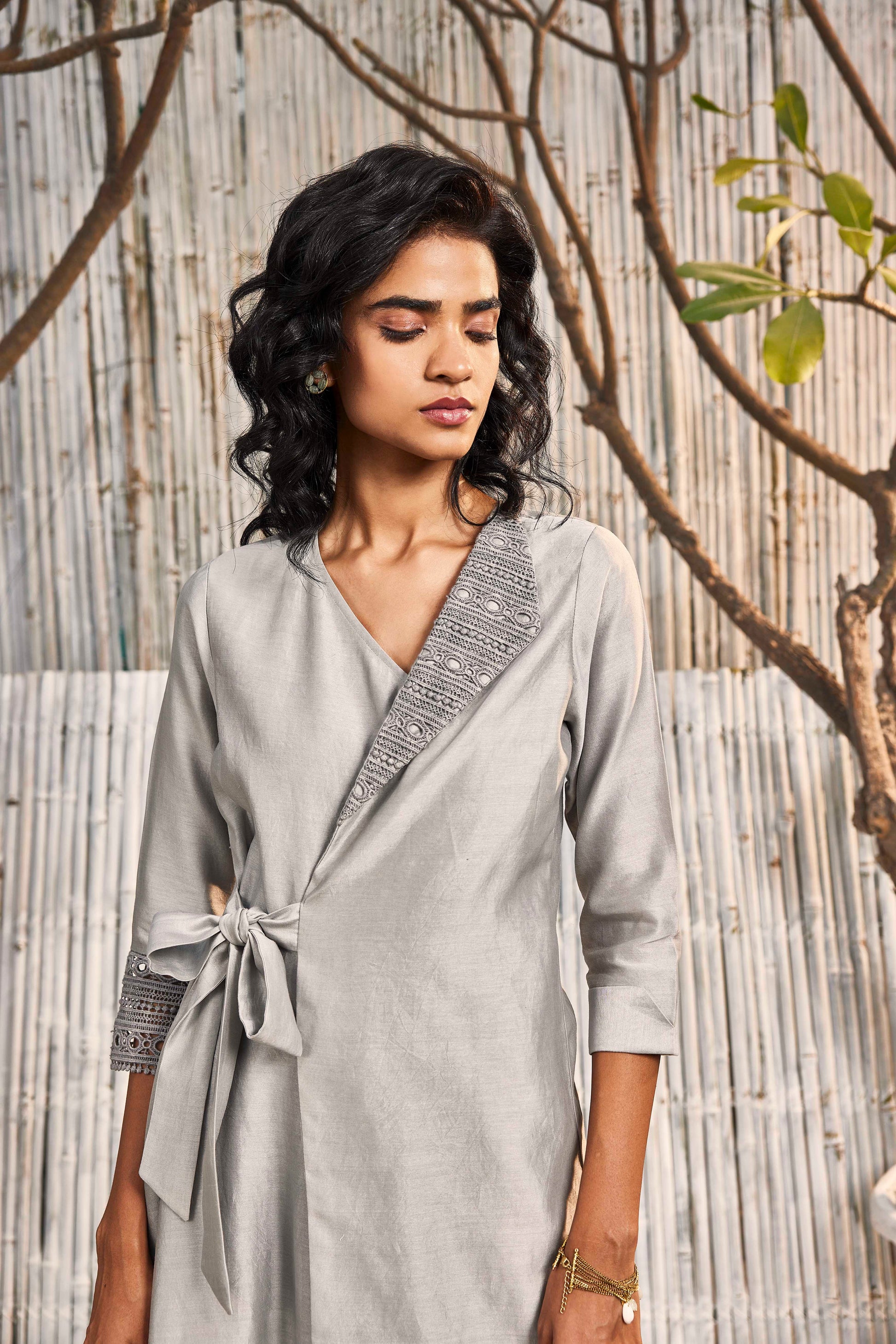 Wrap Co-ord Set - Set of 2 at Kamakhyaa by Charkhee. This item is Chanderi, Co-ord Sets, Cotton, Cotton Satin, Festive Wear, For Anniversary, Grey, Natural, party, Party Wear Co-ords, Regular Fit, Shores 23, Solids, Womenswear