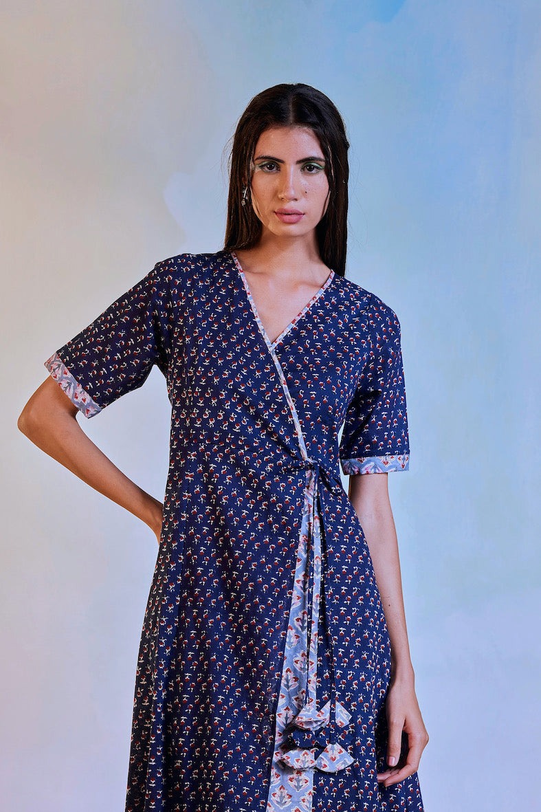 Wrap Cotton Dress at Kamakhyaa by Charkhee. This item is Best Selling, Blue, Casual Wear, Cotton, Natural, Prints, Regular Fit, Womenswear, Wrap Dresses