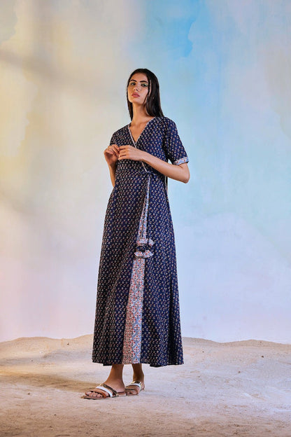 Wrap Cotton Dress at Kamakhyaa by Charkhee. This item is Best Selling, Blue, Casual Wear, Cotton, Natural, Prints, Regular Fit, Womenswear, Wrap Dresses