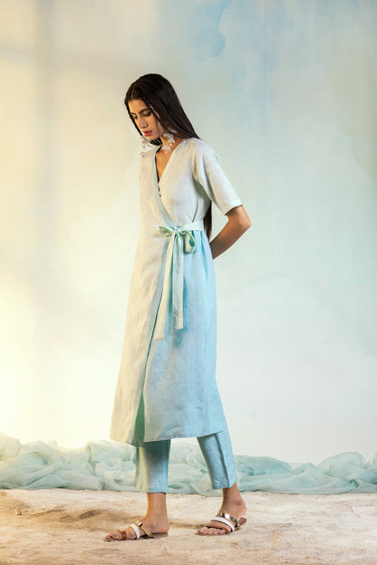Wrap Linen Dress at Kamakhyaa by Charkhee. This item is Blue, Casual Wear, Green, Linen, Natural, Regular Fit, Textured, Womenswear, Wrap Dresses