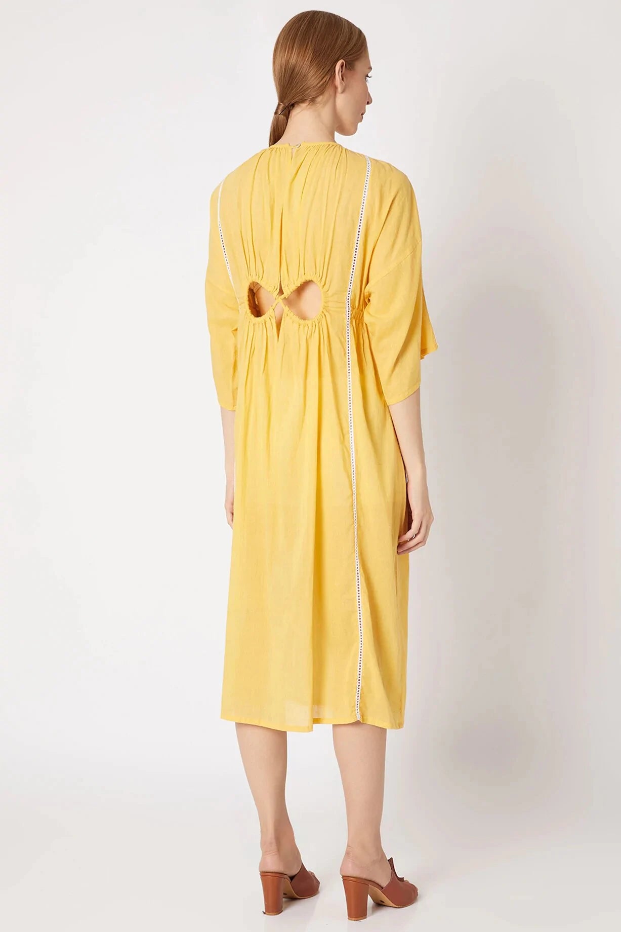 Yellow 3/4th Sleeve Midi Dress at Kamakhyaa by Chambray & Co.. This item is Best Selling, Casual Wear, Cotton, Midi Dresses, Natural, Regular Fit, Solids, Womenswear, Yellow