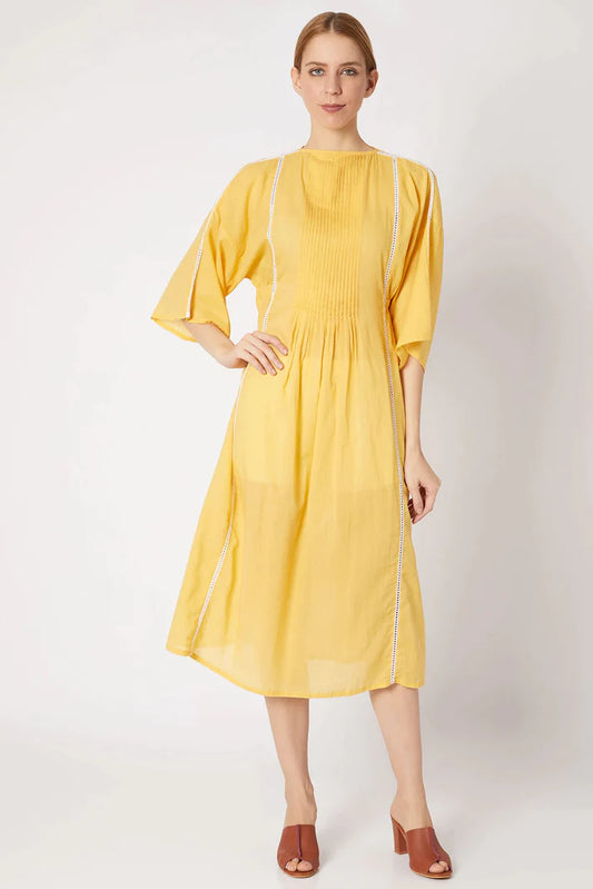 Yellow 3/4th Sleeve Midi Dress at Kamakhyaa by Chambray & Co.. This item is Best Selling, Casual Wear, Cotton, Midi Dresses, Natural, Regular Fit, Solids, Womenswear, Yellow