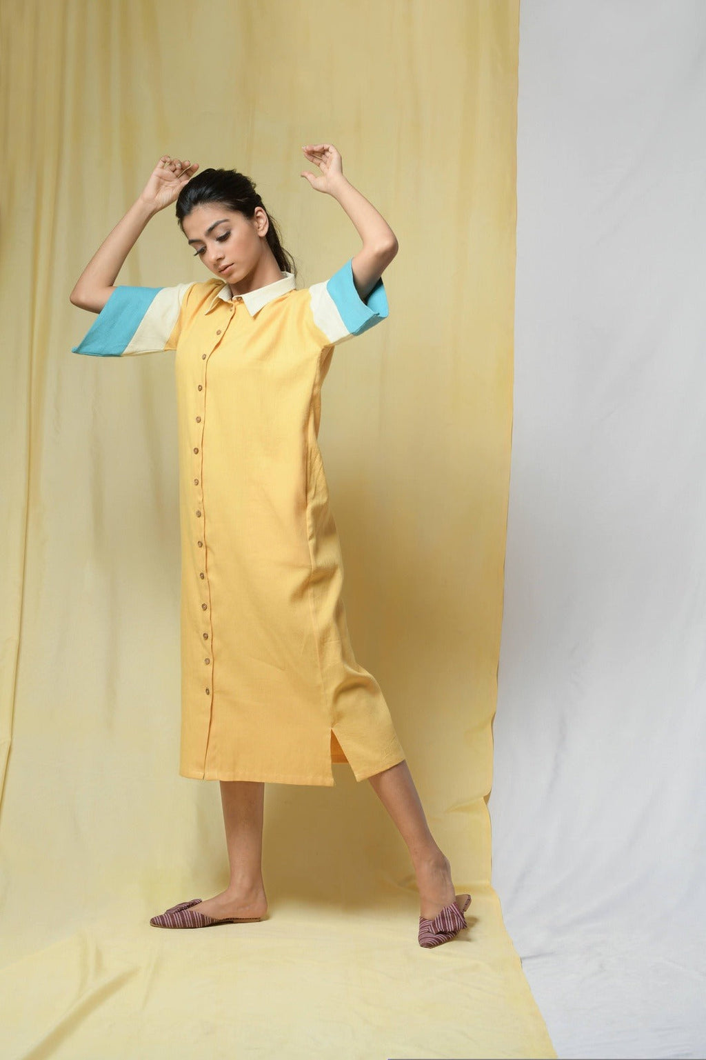 Yellow Beauty In Truth Shirt Dress at Kamakhyaa by Niraa. This item is Cotton khadi, Natural with azo dyes, Office Wear, Relaxed Fit, Shirt Dresses, Shirts, Solids, Tales of rippling brooks, Womenswear, Yellow